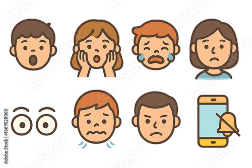 Emotional Reactions Icons. Flat vector mini-illustrations bad news reactions in colors children's illustrations: shock face, hands
