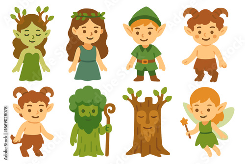 Enchanted Forest Creatures. Flat vector mini-illustrations forest spirits in colors children's illustrations: dryad, nymph, elf,