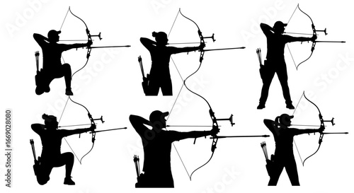 Archery silhouettes showcase focus, precision, and skill in various stance