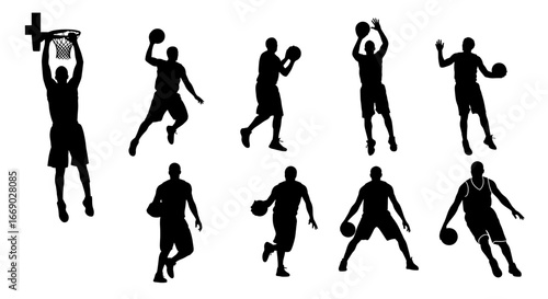 Dynamic Basketball Player Silhouettes in Action, Isolated on White Backdrop
