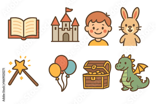 Fairytale Adventure Icons. Flat vector mini-illustrations children's book in colors children's illustrations: open storybook,