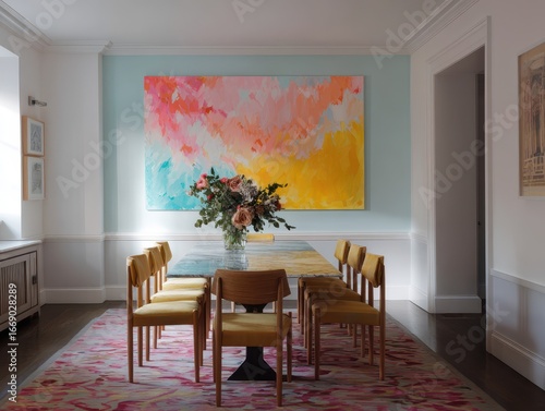 A dining room boasts a larg...