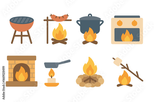 Fire Cooking Icons. Flat vector mini-illustrations cooking with fire in colors children's illustrations: barbecue grill, campfire