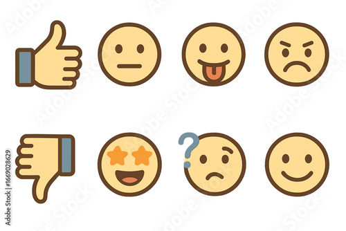 Fun Taste Test Icons. Flat vector mini-illustrations taste testing reactions in colors children's illustrations: thumbs up, thumbs