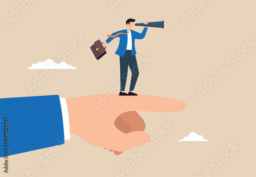 Flat illustration of giant pointing finger help businessman look telescope foreseeing business direction success vision economic forecast future strategy objective career path
