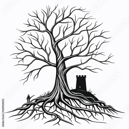 Tree roots spiraling into frozen throne silhouette