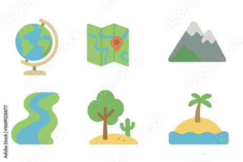 Geography Icons Grid. Flat vector mini-illustrations geography encyclopedia in colors children's illustrations: globe, map,