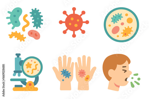 Germ and Microbe Icons. Flat vector mini-illustrations infection germs and microbes in colors children's illustrations: bacteria