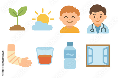Healing Journey Icons. Flat vector mini-illustrations plague healing and recovery in colors children's illustrations: healthy