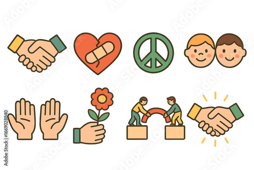 Icons of Healing. Flat vector mini-illustrations betrayal and forgiveness in colors children's illustrations: handshake repair,