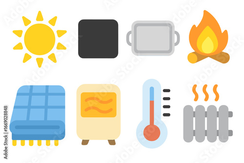 Heat Absorption Icons. Flat vector mini-illustrations heat absorption in colors children's illustrations: sun, black surface,