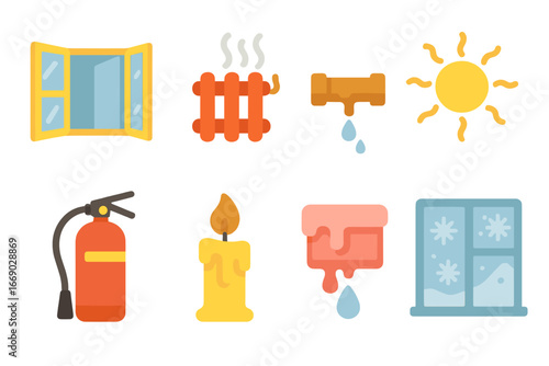 Heat Loss Icons. Flat vector mini-illustrations heat loss in colors children's illustrations: open window, radiator with steam,