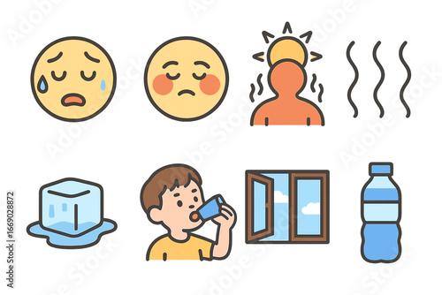 Heat Wave Icons. Flat vector mini-illustrations heat signs in colors children's illustrations: sweating face, red cheeks, sunburn,