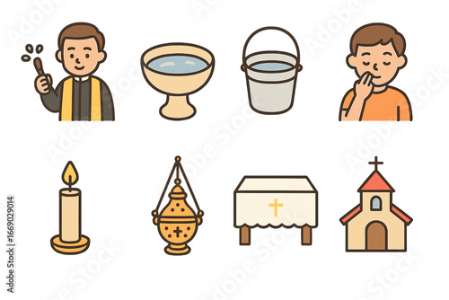 Holy Water Rituals. Flat vector mini-illustrations holy water rituals in colors children's illustrations: priest sprinkling holy