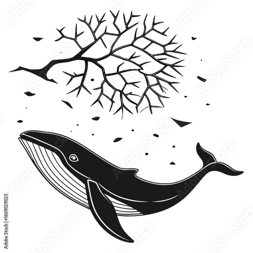 Whale swimming under shattered sky silhouette