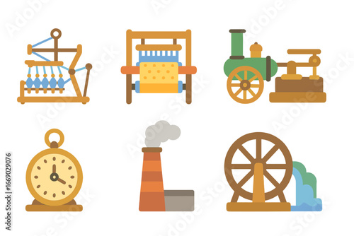 Industrial Revolution Icons. Flat vector mini-illustrations industrial revolution inventions in colors children's illustrations:
