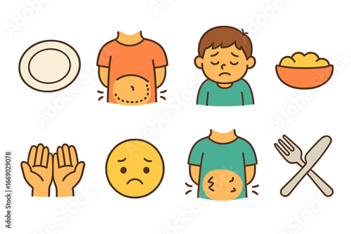 Hunger Icons for Children. Flat vector mini-illustrations hunger in colors children's illustrations: empty plate, rumbling stomach