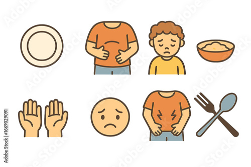 Hunger Icons for Children. Flat vector mini-illustrations hunger in colors children's illustrations: empty plate, rumbling stomach