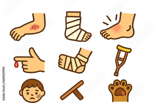 Injury Icons for Kids. Flat vector mini-illustrations hurt injuries in colors children's illustrations: scraped elbow, casted leg,