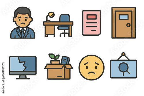 Job Loss Illustrations. Flat vector mini-illustrations job loss in colors children's illustrations: sad worker, empty desk, pink