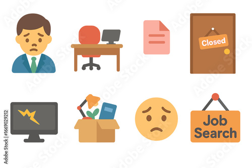 Job Loss Illustrations. Flat vector mini-illustrations job loss in colors children's illustrations: sad worker, empty desk, pink