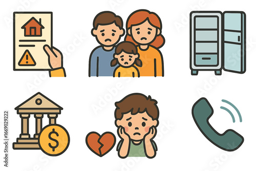 Job Loss Icons. Flat vector mini-illustrations job loss consequences in colors children's illustrations: eviction notice, sad