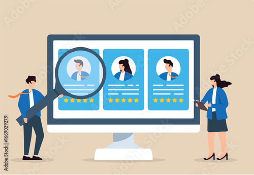 Recruiter reviewing candidate profiles through digital screen concept modern recruitment technology in hiring virtual employee evaluation online screening	

