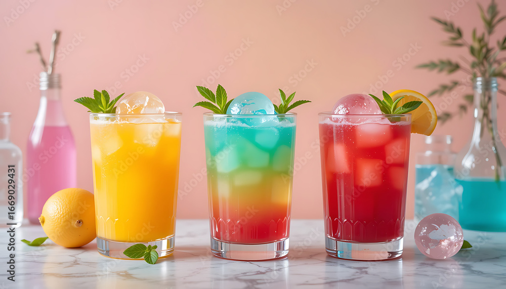 Colorful Cocktails with Mint and Ice. Colorful Cocktails with Mint and Ice.