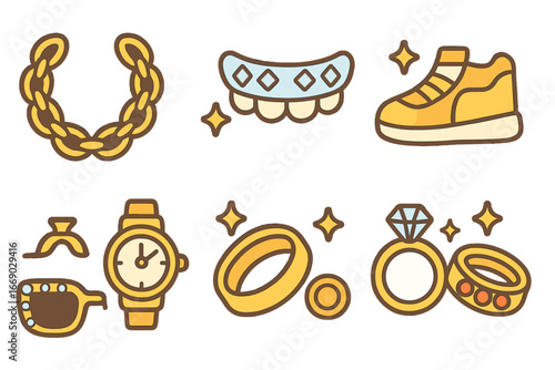 Kids' Hip Hop Bling. Flat vector mini-illustrations hip hop bling in colors children's illustrations: oversized gold chain,