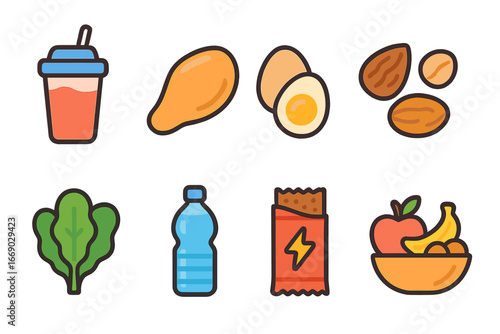 Kids' Nutrition Icons. Flat vector mini-illustrations nutrition for strength in colors children's illustrations: protein shake,