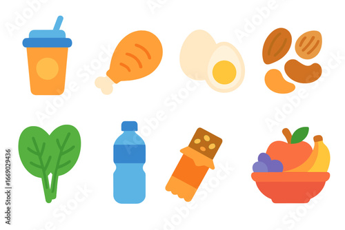 Kids' Nutrition Icons. Flat vector mini-illustrations nutrition for strength in colors children's illustrations: protein shake,