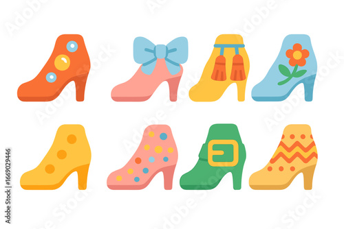 Kids' Shoe Decor. Flat vector mini-illustrations heel decorations in colors children's illustrations: rhinestones, bows, tassels,