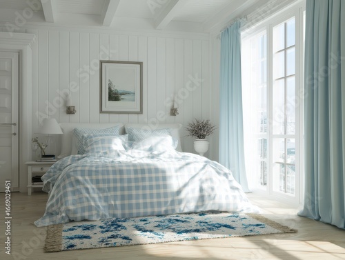 A light-filled bedroom with...