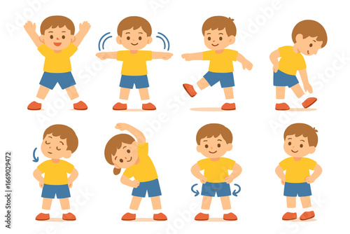 Kids' Stretching Routine Icons. Flat vector mini-illustrations sports warm-up stretches in colors children's illustrations: