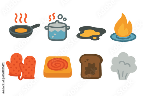 Kitchen Safety Icons. Flat vector mini-illustrations kitchen burns in colors children's illustrations: hot pan, boiling pot,
