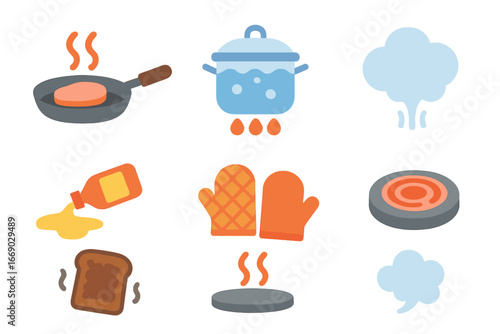 Kitchen Safety Icons. Flat vector mini-illustrations kitchen burns in colors children's illustrations: hot pan, boiling pot,