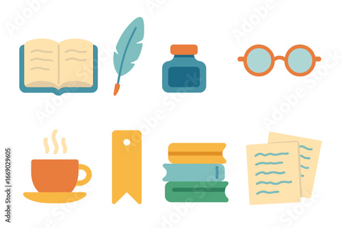Literary Icon Grid. Flat vector mini-illustrations novel in colors children's illustrations: open book, quill pen, ink bottle,