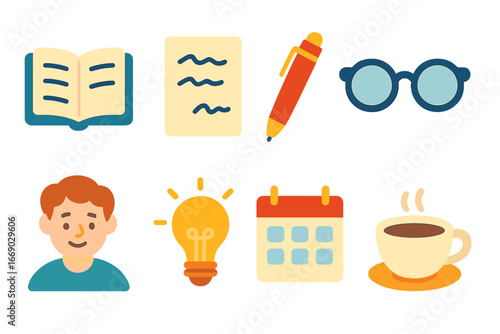 Literary Icon Grid. Flat vector mini-illustrations preface in colors children's illustrations: open book, handwritten notes, pen,
