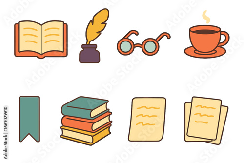 Literary Icon Grid. Flat vector mini-illustrations novel in colors children's illustrations: open book, quill pen, ink bottle,