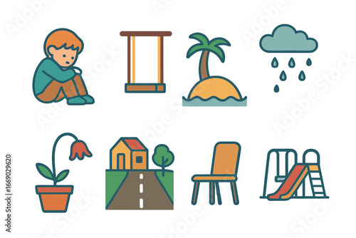 Lonely Childhood Icons. Flat vector mini-illustrations loneliness in colors children's illustrations: sad child sitting alone,