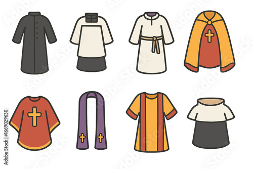 Liturgical Garments Icons. Flat vector mini-illustrations liturgical garments in colors children's illustrations: cassock,