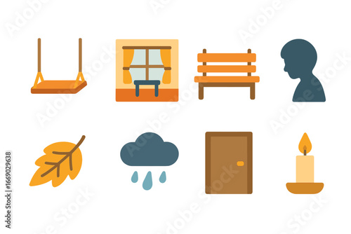 Lonely Children's Icons. Flat vector mini-illustrations emotional pain and loneliness in colors children's illustrations: empty