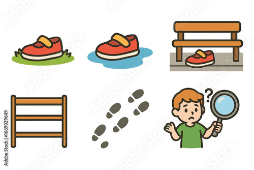 Lost Shoe Adventures. Flat vector mini-illustrations lost shoe in colors children's illustrations: single shoe on grass, shoe near