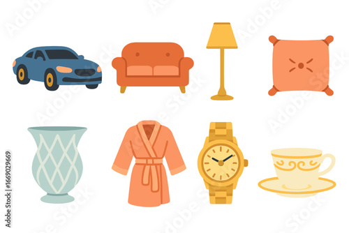 Luxury Lifestyle Icons. Flat vector mini-illustrations refined lifestyle in colors children's illustrations: luxury car, designer