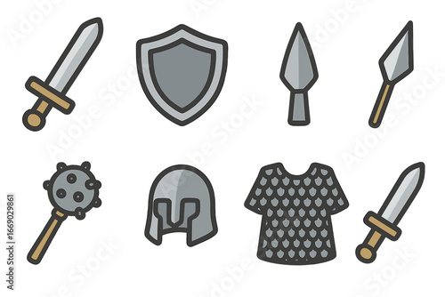 Medieval Iron Arsenal. Flat vector mini-illustrations old iron weapons in colors children's illustrations: iron sword, iron shield
