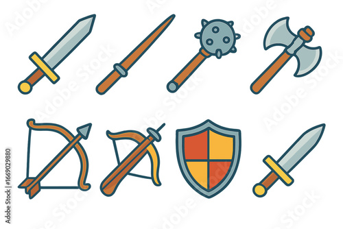 Medieval Weapon Icons. Flat vector mini-illustrations medieval weapons in colors children's illustrations: sword, lance, mace,