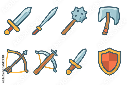 Medieval Weapon Icons. Flat vector mini-illustrations medieval weapons in colors children's illustrations: sword, lance, mace,