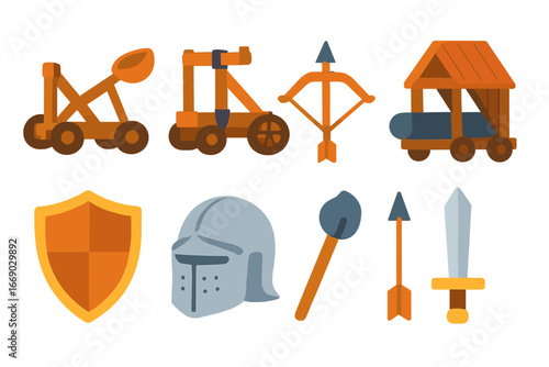 Medieval Weapons Icons. Flat vector mini-illustrations medieval fortification weapons in colors children's illustrations: catapult