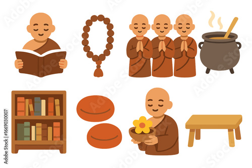 Monastery Life Icons. Flat vector mini-illustrations monastery life in colors children's illustrations: monk reading book, prayer