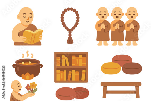 Monastery Life Icons. Flat vector mini-illustrations monastery life in colors children's illustrations: monk reading book, prayer